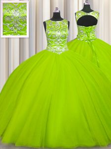 Yellow Green Ball Gowns Scoop Sleeveless Tulle Floor Length Lace Up Beading Quinceanera Dress