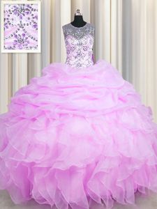 Affordable See Through Organza Scoop Sleeveless Lace Up Beading and Ruffles and Pick Ups Sweet 16 Quinceanera Dress in Lilac