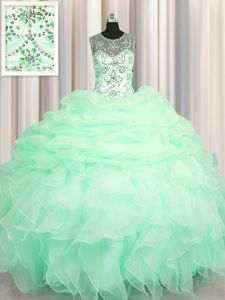 See Through Apple Green Organza Lace Up Scoop Sleeveless Floor Length Quinceanera Gown Beading and Ruffles and Pick Ups