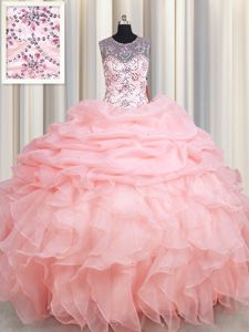 See Through Scoop Sleeveless Organza Vestidos de Quinceanera Beading and Ruffles and Pick Ups Lace Up