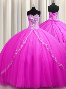 Enchanting Sweep Train Sleeveless Tulle Floor Length Lace Up Quinceanera Gowns in Rose Pink for with Beading