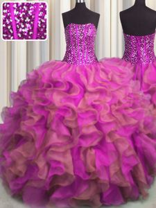 Custom Designed Multi-color Organza and Tulle Lace Up 15 Quinceanera Dress Sleeveless Floor Length Beading and Ruffles