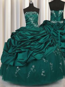 Custom Made Pick Ups Embroidery Floor Length Ball Gowns Sleeveless Peacock Green Quinceanera Dress Lace Up