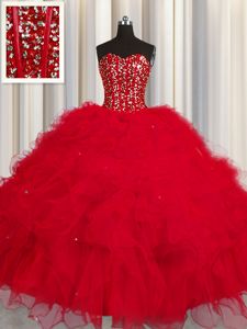 Delicate Visible Boning Ball Gowns Quinceanera Gown Red Sweetheart Tulle Sleeveless Floor Length Lace Up