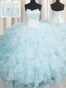 Great Baby Blue Sweet 16 Dress Military Ball and Sweet 16 and Quinceanera and For with Ruffles Scalloped Sleeveless Lace Up