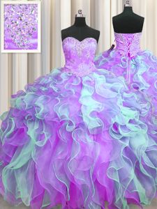 Enchanting Multi-color Ball Gowns Organza Sweetheart Sleeveless Beading and Appliques and Ruffles Floor Length Lace Up Quinceanera Dama Dress