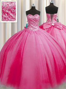 Custom Fit Big Puffy Floor Length Lace Up Ball Gown Prom Dress Rose Pink and In for Military Ball and Sweet 16 and Quinceanera with Beading