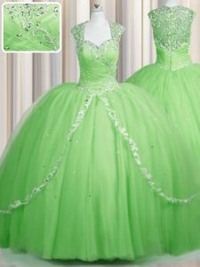 Fashion See Through Cap Sleeves With Train Zipper Sweet 16 Quinceanera Dress for Military Ball and Sweet 16 and Quinceanera with Beading and Appliques Brush Train