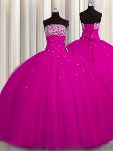 Suitable Puffy Skirt Sleeveless Floor Length Beading and Sequins Lace Up Sweet 16 Quinceanera Dress with Fuchsia