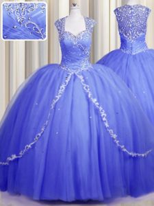 Zipper Up Sweetheart Cap Sleeves Tulle Quinceanera Dress Beading and Appliques Brush Train Zipper