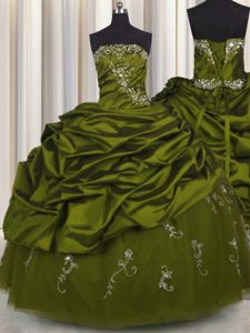 Olive Green Quince Ball Gowns Military Ball and Sweet 16 and Quinceanera and For with Beading and Appliques and Pick Ups Sweetheart Sleeveless Lace Up