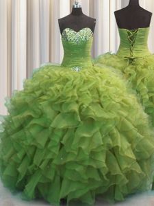 Sleeveless Floor Length Beading and Ruffles Lace Up Quinceanera Dresses with