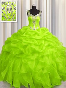 See Through Zipper Up Sleeveless Organza Floor Length Zipper Vestidos de Quinceanera in for with Appliques and Ruffles
