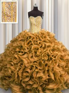 Visible Boning Sleeveless Organza Floor Length Lace Up Quinceanera Gown in Gold for with Beading and Ruffles