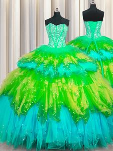 Dazzling Bling-bling Visible Boning Multi-color Ball Gowns Tulle Sweetheart Sleeveless Beading and Ruffles and Ruffled Layers and Sequins Floor Length Lace Up Quinceanera Dress