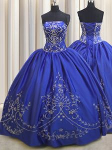 Custom Made Royal Blue Chiffon Lace Up Quinceanera Dresses Sleeveless Floor Length Beading and Embroidery