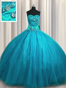Teal Ball Gowns Tulle and Sequined Sweetheart Sleeveless Beading and Appliques Floor Length Lace Up Quince Ball Gowns