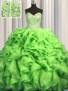 Visible Boning Brush Train Organza Sleeveless With Train Vestidos de Quinceanera Sweep Train and Beading and Ruffles