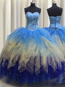 Sweet Visible Boning Ball Gowns Sweet 16 Quinceanera Dress Multi-color Sweetheart Tulle Sleeveless Floor Length Lace Up