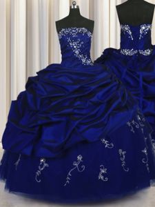 Beauteous Pick Ups Embroidery Floor Length Royal Blue Damas Dress Strapless Sleeveless Lace Up