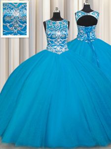 Scoop Floor Length Ball Gowns Sleeveless Teal Quinceanera Gowns Lace Up