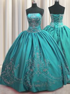 Customized Strapless Sleeveless Quinceanera Dresses Floor Length Beading and Embroidery Teal Taffeta