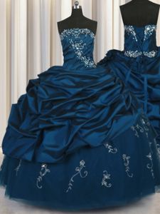 Decent Strapless Sleeveless Damas Dress Floor Length Beading and Appliques and Embroidery and Pick Ups Teal Taffeta