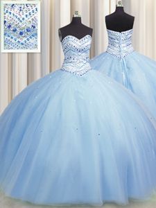 Low Price Bling-bling Big Puffy Tulle Sleeveless Floor Length Vestidos de Quinceanera and Beading