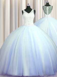 See Through Zipper Up With Train Ball Gowns Sleeveless Light Blue Quince Ball Gowns Brush Train Zipper