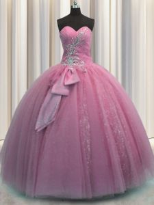 Unique Sequins Bowknot Floor Length Rose Pink Quinceanera Gown Sweetheart Sleeveless Lace Up