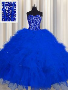 Lovely Visible Boning Royal Blue Sweetheart Neckline Beading and Ruffles and Sequins Quinceanera Dresses Sleeveless Lace Up