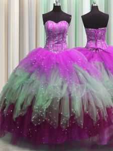 Custom Made Visible Boning Multi-color Sweetheart Lace Up Beading and Ruffles and Sequins Sweet 16 Dress Sleeveless