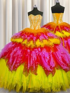 Exquisite Bling-bling Visible Boning Floor Length Multi-color Ball Gown Prom Dress Tulle Sleeveless Beading and Ruffles and Ruffled Layers and Sequins