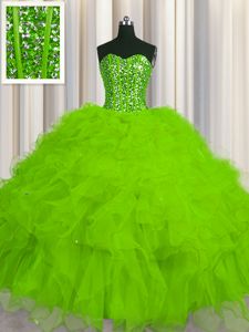 Visible Boning Sleeveless Floor Length Beading and Ruffles and Sequins Lace Up Quince Ball Gowns with