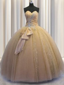 Champagne Ball Gowns Tulle and Sequined Sweetheart Sleeveless Beading and Bowknot Floor Length Lace Up Sweet 16 Dresses