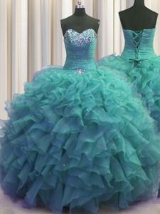 Beaded Bust Turquoise Sleeveless Beading and Ruffles Floor Length Sweet 16 Dresses