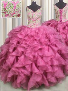 Great Ball Gowns Sweet 16 Quinceanera Dress Rose Pink V-neck Organza Sleeveless Floor Length Lace Up