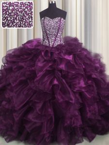 Visible Boning With Train Lace Up Quinceanera Gowns Dark Purple and In for Military Ball and Sweet 16 and Quinceanera with Beading and Ruffles Brush Train