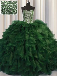 Modern Visible Boning Bling-bling Sleeveless Organza With Brush Train Lace Up Quince Ball Gowns in Green for with Beading