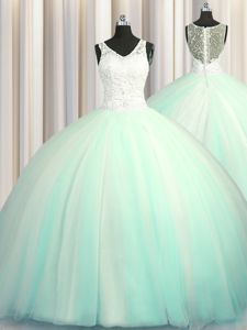 Big Puffy Zipper Up Beading and Appliques 15 Quinceanera Dress Apple Green Zipper Sleeveless With Brush Train