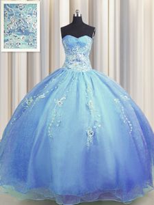 Popular Zipper Up Blue Ball Gowns Beading and Appliques Quinceanera Gowns Zipper Organza Sleeveless Floor Length