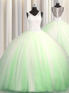 See Through Zipple Up Brush Train Sleeveless Beading and Appliques Zipper Sweet 16 Quinceanera Dress