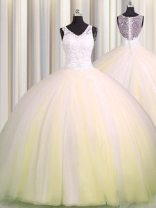 Custom Designed Zipple Up V Neck Light Yellow Sleeveless Tulle Brush Train Zipper 15 Quinceanera Dress for Military Ball and Sweet 16 and Quinceanera