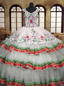 Excellent Embroidery Ruffled Layers Multi-color Sleeveless Organza Lace Up Quinceanera Gown for Military Ball and Sweet 16 and Quinceanera