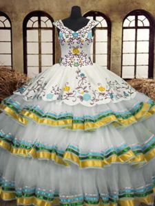 Sexy Multi-color Organza Lace Up Quinceanera Dress Sleeveless Floor Length Embroidery and Ruffled Layers