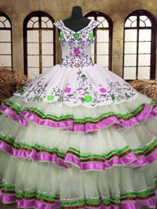 Decent Embroidery and Ruffled Layers Vestidos de Quinceanera Multi-color Lace Up Sleeveless Floor Length