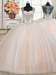 Wonderful See Through Back Zipper Up Straps Beading 15 Quinceanera Dress Peach Zipper Cap Sleeves Floor Length