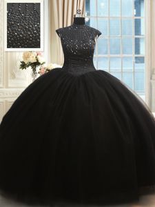 High Neck Cap Sleeves Tulle Floor Length Zipper Quinceanera Gowns in Black for with Beading