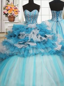 Visible Boning Beaded Bodice Blue And White Tulle Lace Up Sweetheart Sleeveless Floor Length Quinceanera Gown Beading and Ruffled Layers