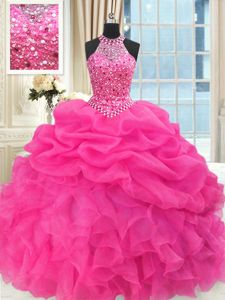 See Through Beaded Bodice High-neck Sleeveless 15 Quinceanera Dress Floor Length Beading and Ruffles and Pick Ups Hot Pink Organza